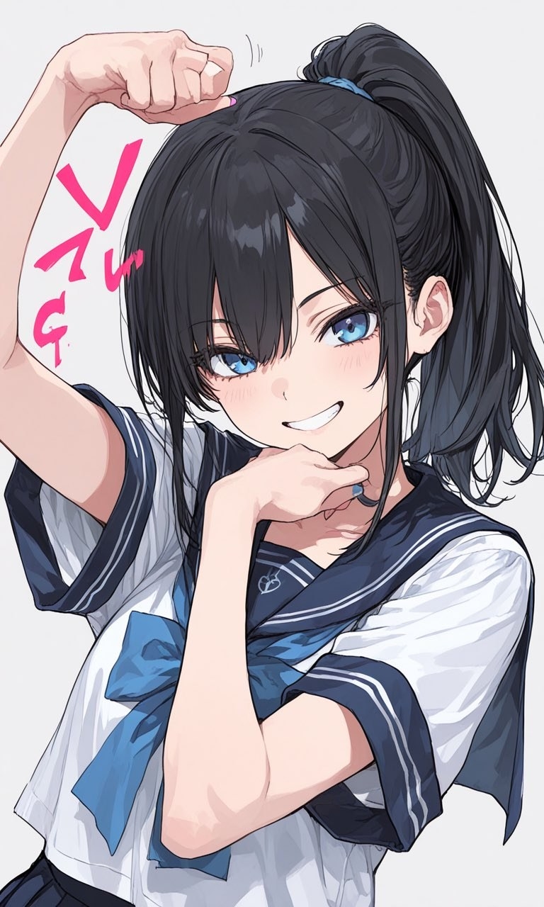A blue-eyed, black-haired girl in a sailor uniform shows a confident smile
