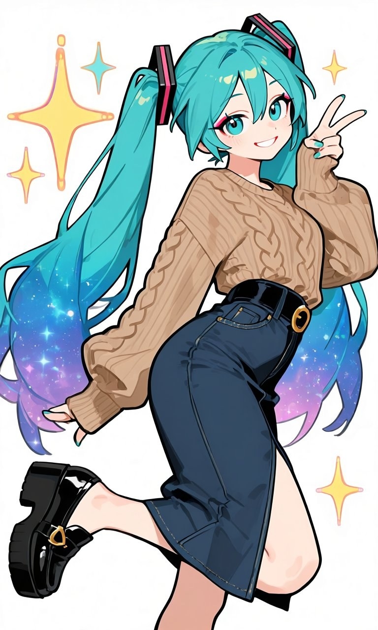 藍綠雙馬尾少女穿棕色毛衣和深藍牛仔裙比V