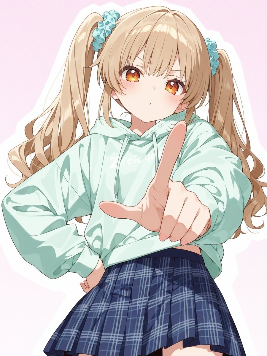 Blonde twin-tail girl in mint hoodie and plaid pleated skirt points at camera
