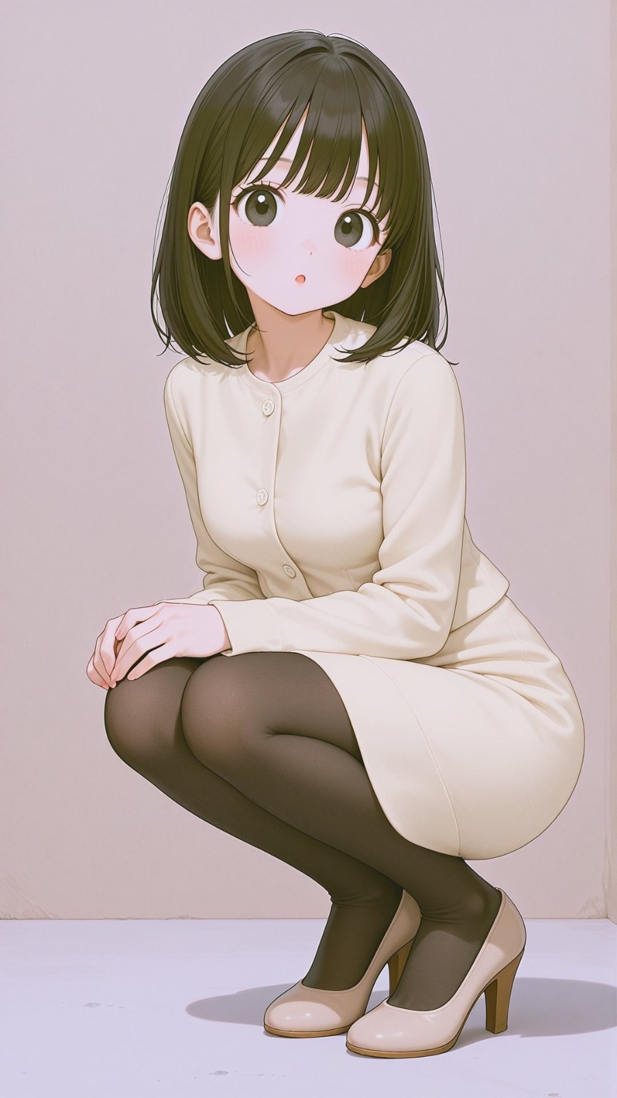 Femme anime en robe tricot ivoire accroupie