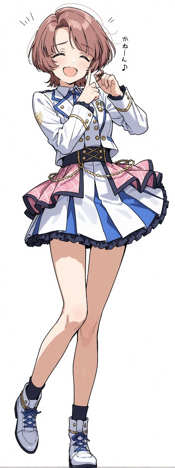 Brown-haired anime girl in white blue gold military idol uniform pink blue white skirt and white boots shows energetic look