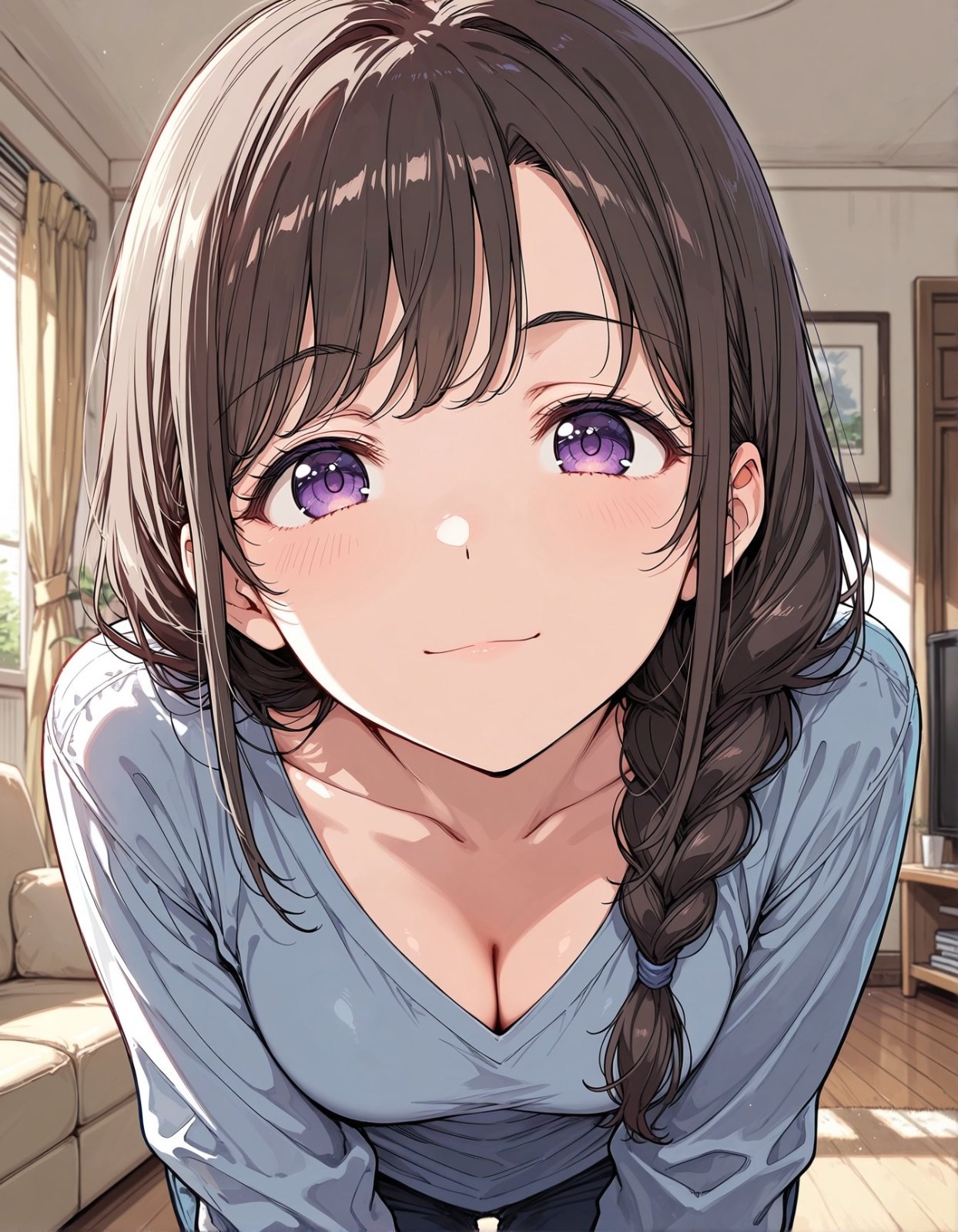 A brown-haired anime woman in a light blue V-neck long-sleeve top leans close to the camera
