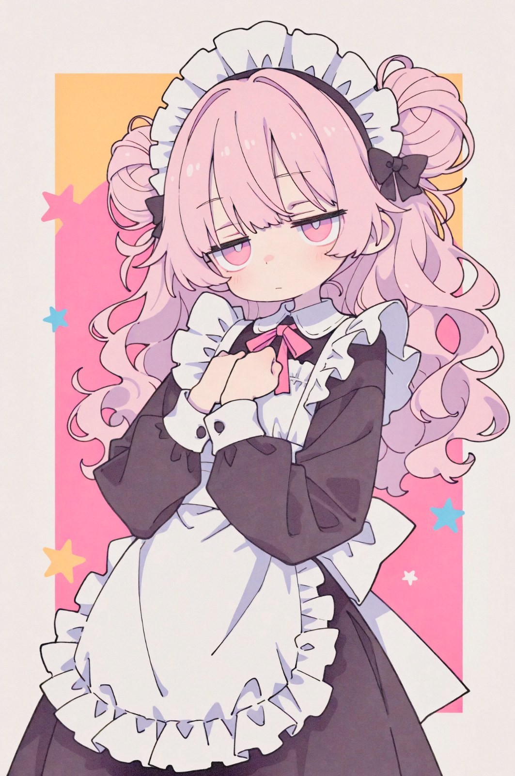 Fille aux longs cheveux roses en tenue de maid noir et blanc mains jointes sur la poitrine air timide