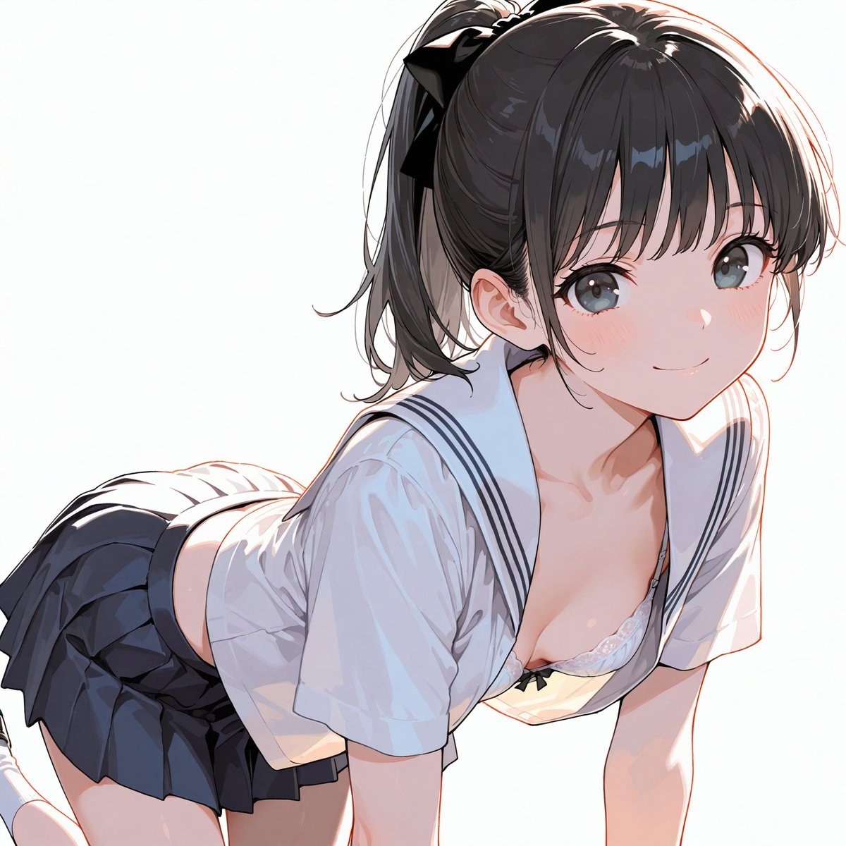 A black-haired girl in a kneeling pose wearing a sailor uniform